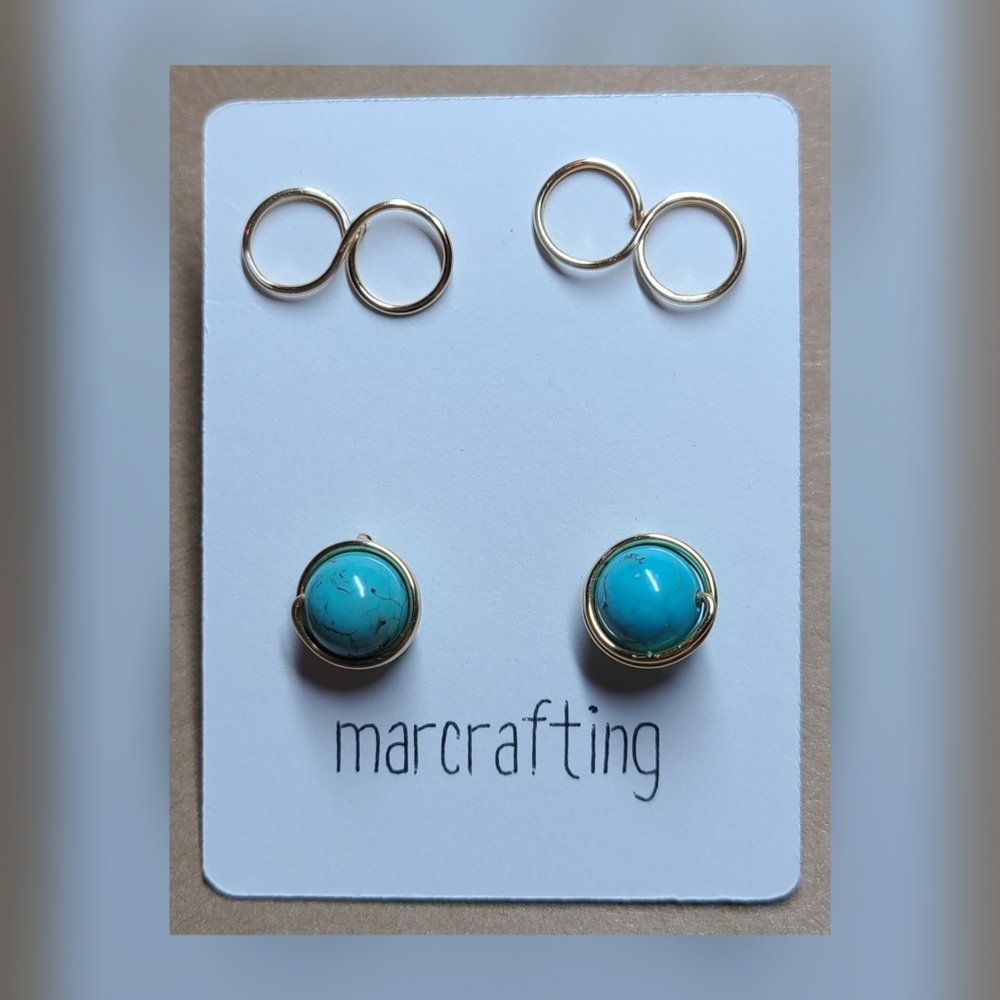 Turquoise & Infinity Symbol Stud Earrings Set Healing Chakra Boho Gold Handmade